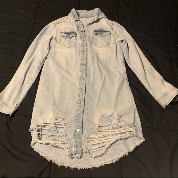 Distressed button long sleeve jean jacket highway jeans M - Picture 2 of 5
